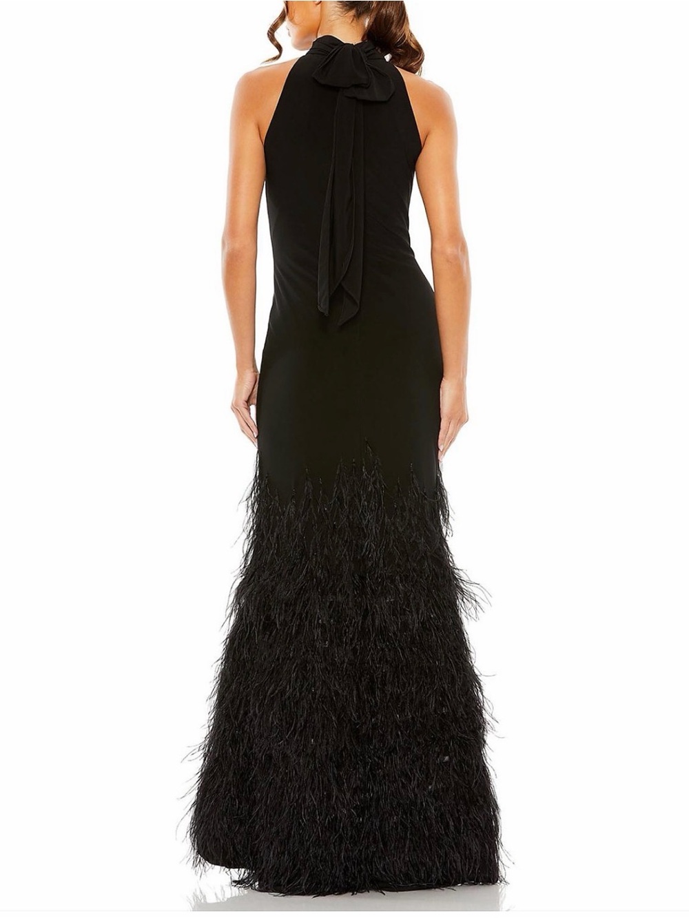 Black Halter Feather-Hem Evening Gown